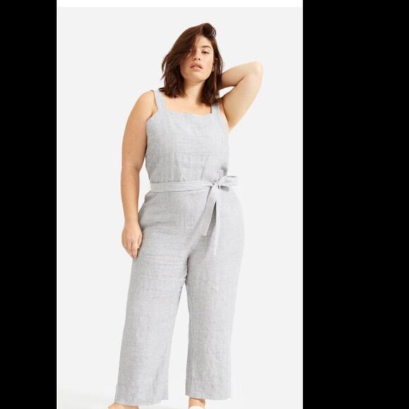 Everlane Pants - EVERLANE The Linen Side-Button Stripes White Grey Squareneck Jumpsuit sz 12 / L